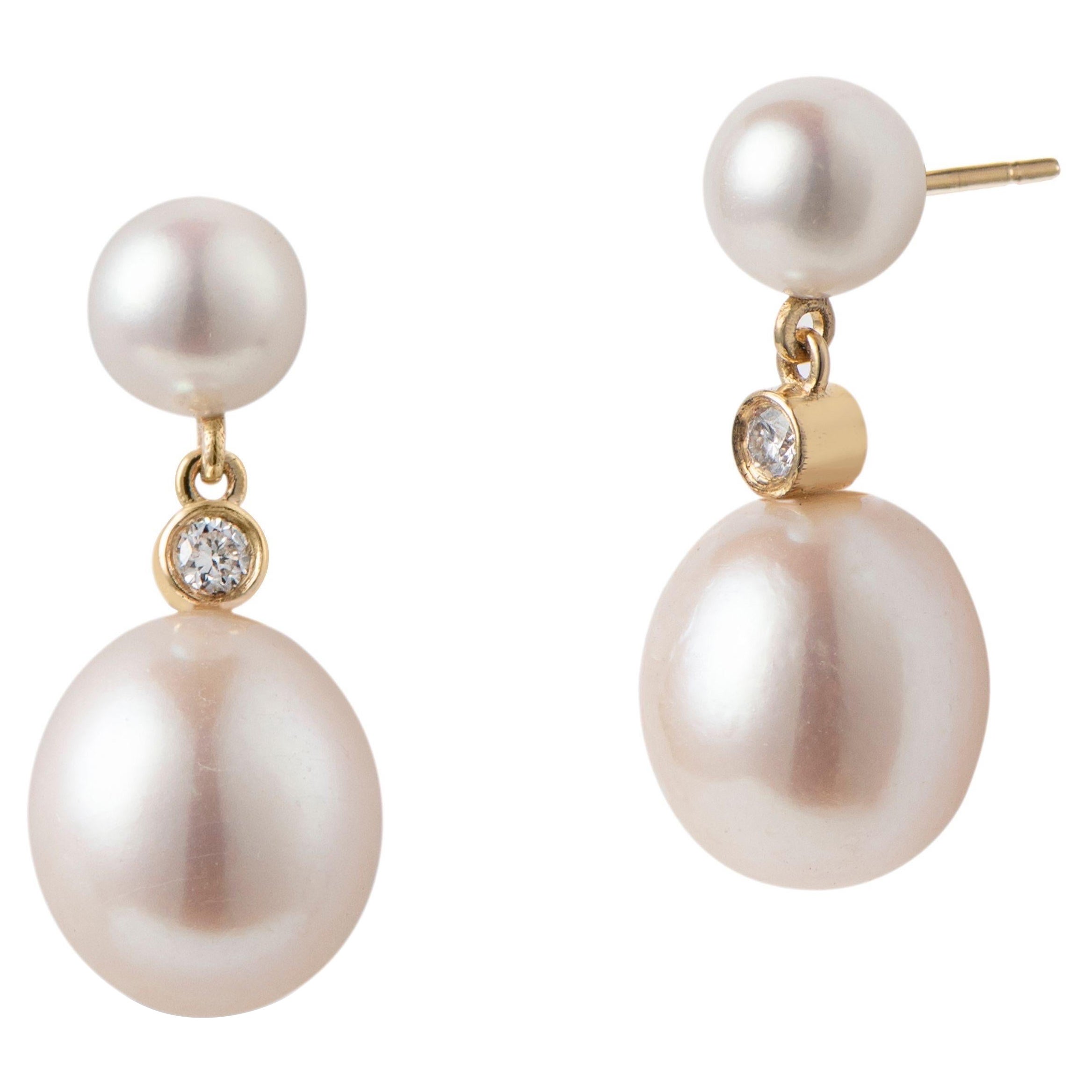 Double Drop Pearl Earrings with 0.08ctw diamond, 18K Gold, by Michelle Massoura For Sale