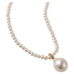 Mini Pearl Necklace with Baroque Charm and Diamonds, in 18K Gold