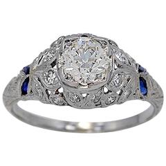 Antique Art Deco Vivid .83 Carat Diamond Sapphire Platinum Engagement Ring