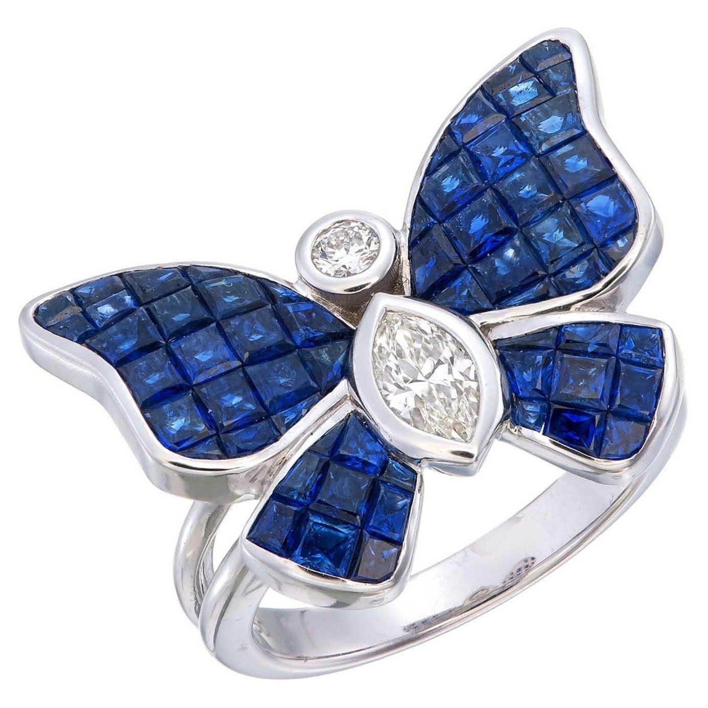 For Sale:  Mystery Invisible set Blue sapphire & diamonds on a butterfly ring