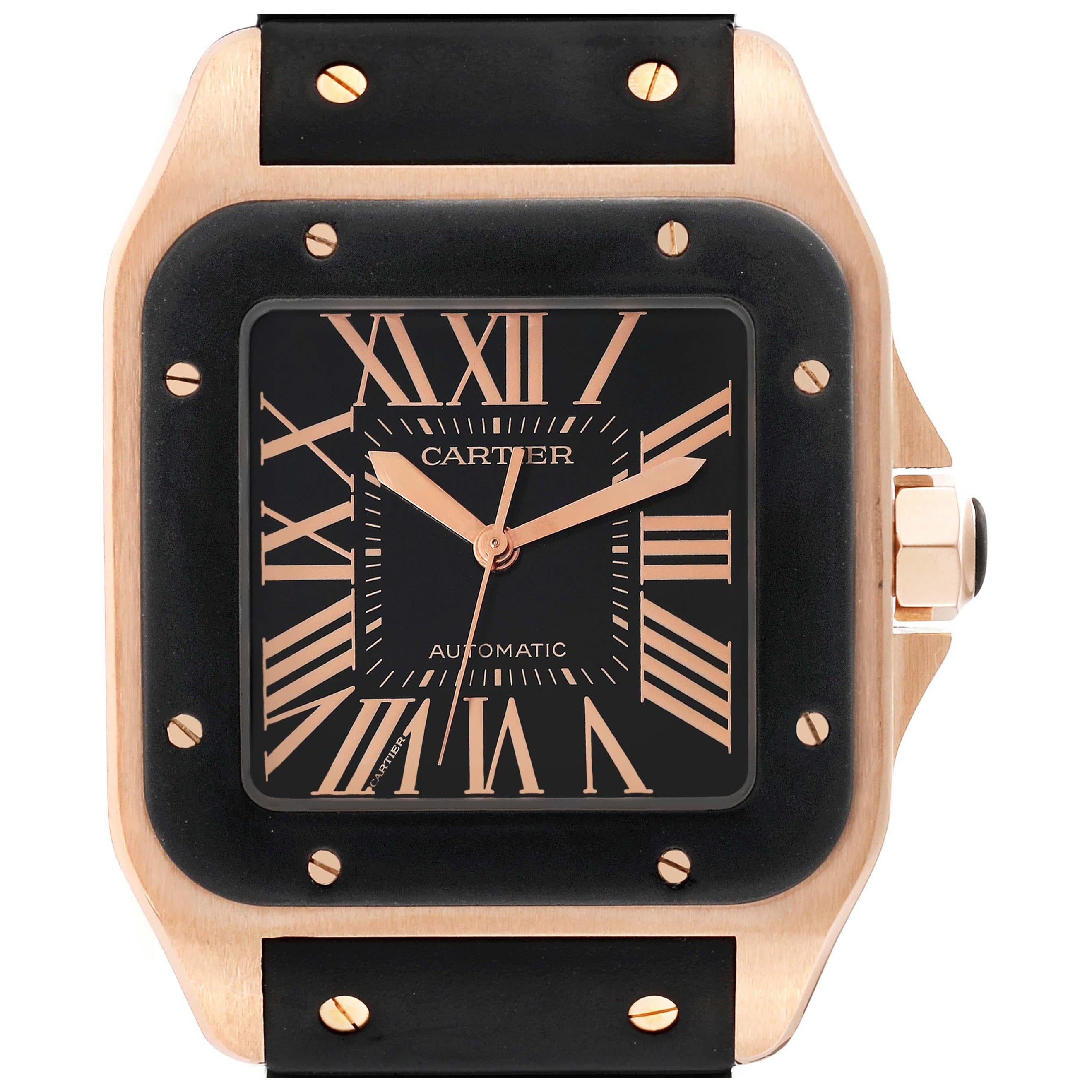 Cartier Santos 100 Roségold Schwarzes Zifferblatt Herrenuhr W20124U2 im Angebot