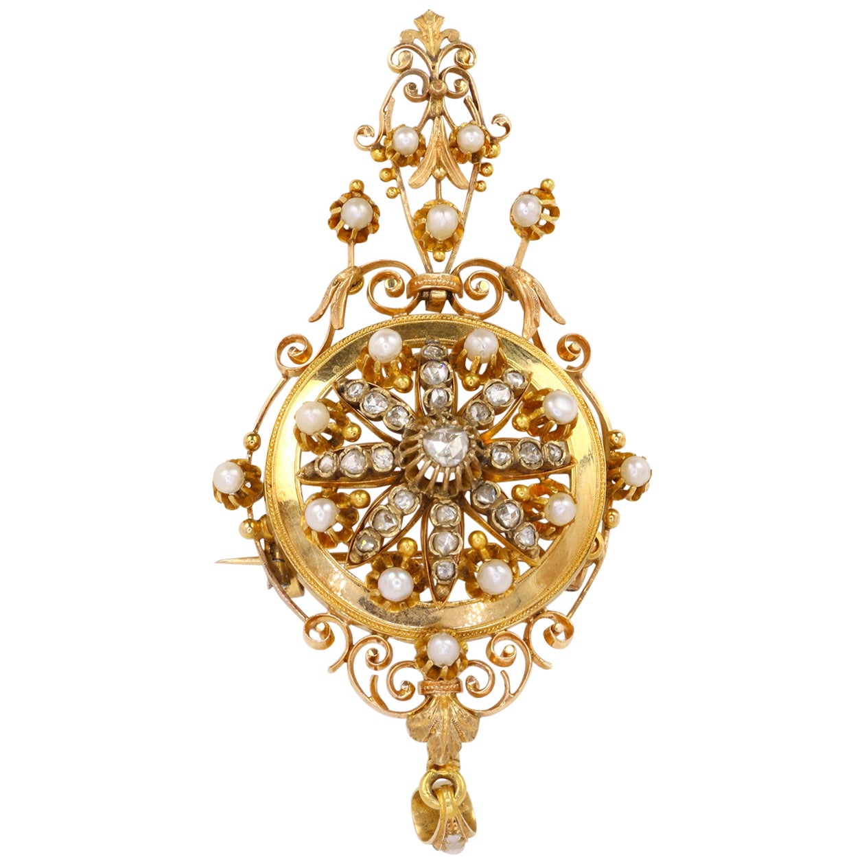 Pendentif Broche Napoléon III en or, diamants et perles fines For Sale