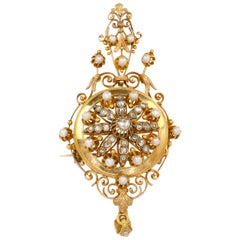 Antique Pendentif Broche Napoléon III en or, diamants et perles fines