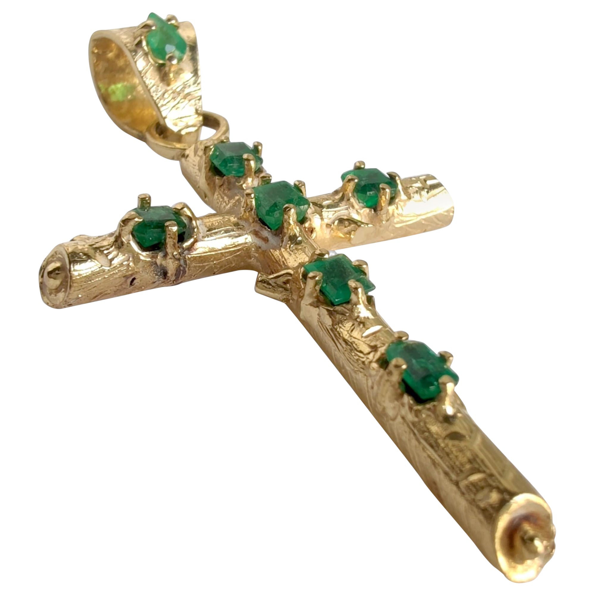 18K Yellow Gold Handmade Cross Pendant with  2.04 ct Emeralds - Unique Jewel For Sale