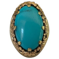 Art Deco Large Natural Turquoise and 18K Gold Cocktail Ring