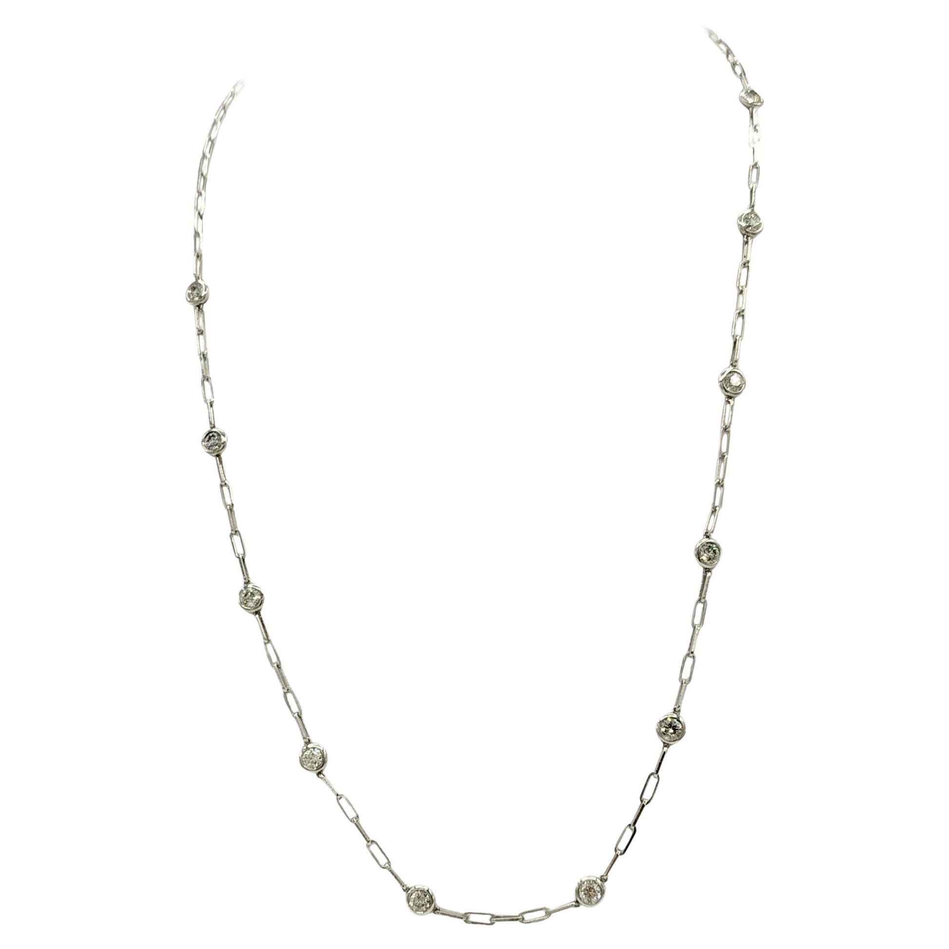 White Diamond Round Paper Clip Necklace in 14K White Gold For Sale