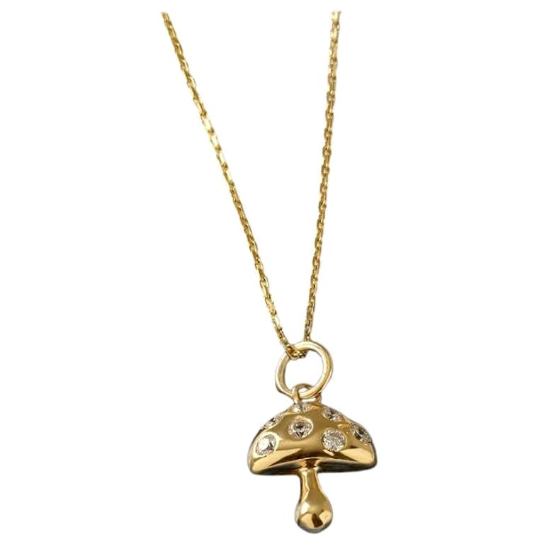 14K Solid Gold Mushroom Pendant Tiny Mushroom Charm Necklace Diamond for gift  For Sale