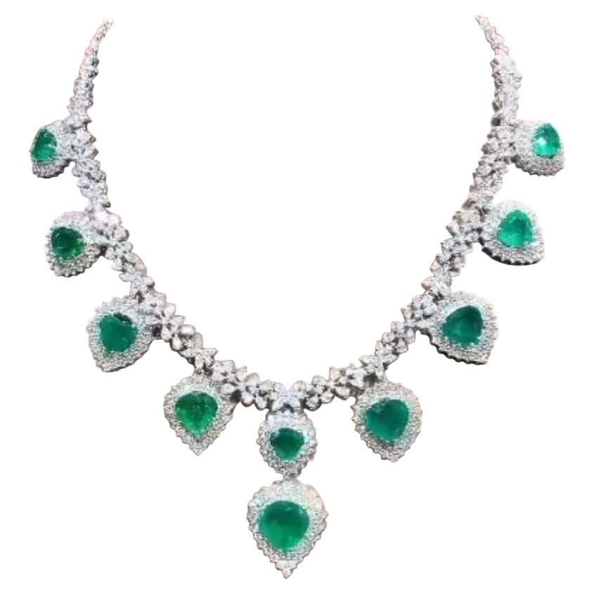AIG Certified 38.90 Carats Zambian Emeralds  25.00 Ct Diamonds 18k Gold Necklace For Sale