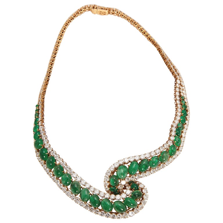 Cabochon Emerald and Diamond Necklace at 1stdibs
