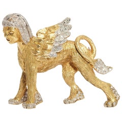 Vintage 1970s Italy Diamond Gold Sphinx Brooch