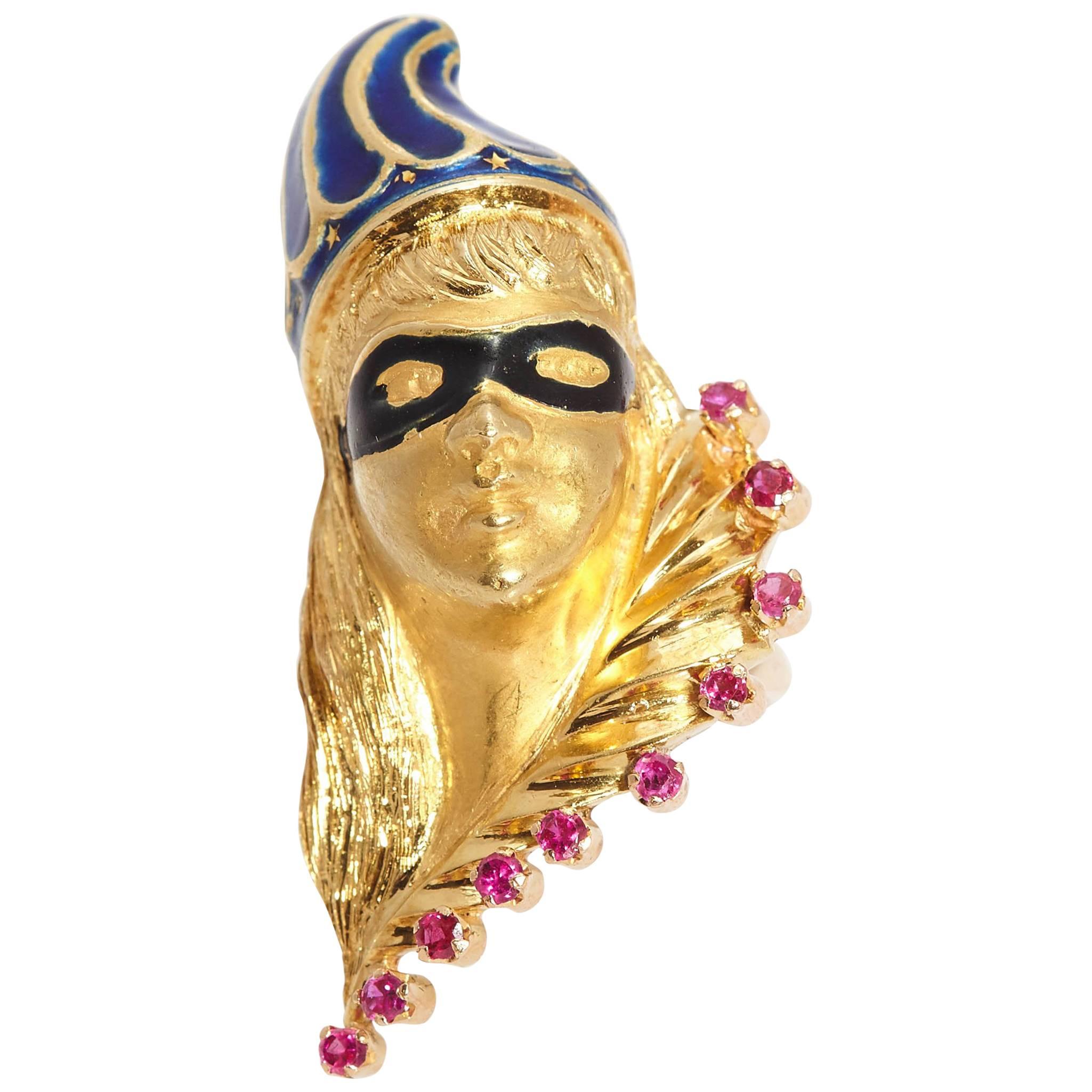 1970s Enamel Rubies Gold Venetian Harlequin Mask Ring 