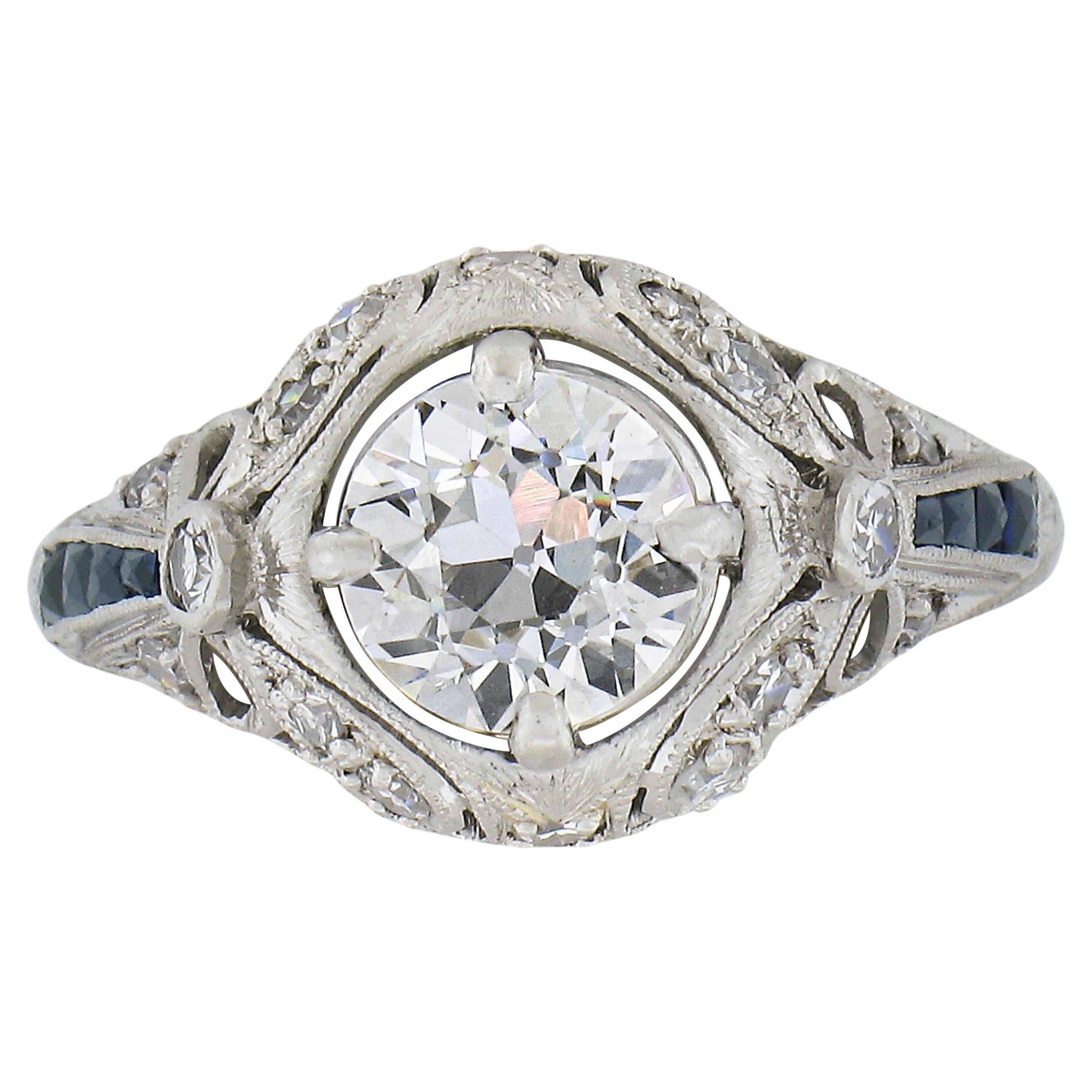 Antique Art Deco Platinum 1.54ct Diamond French Sapphire Ribbon Engagement Ring For Sale