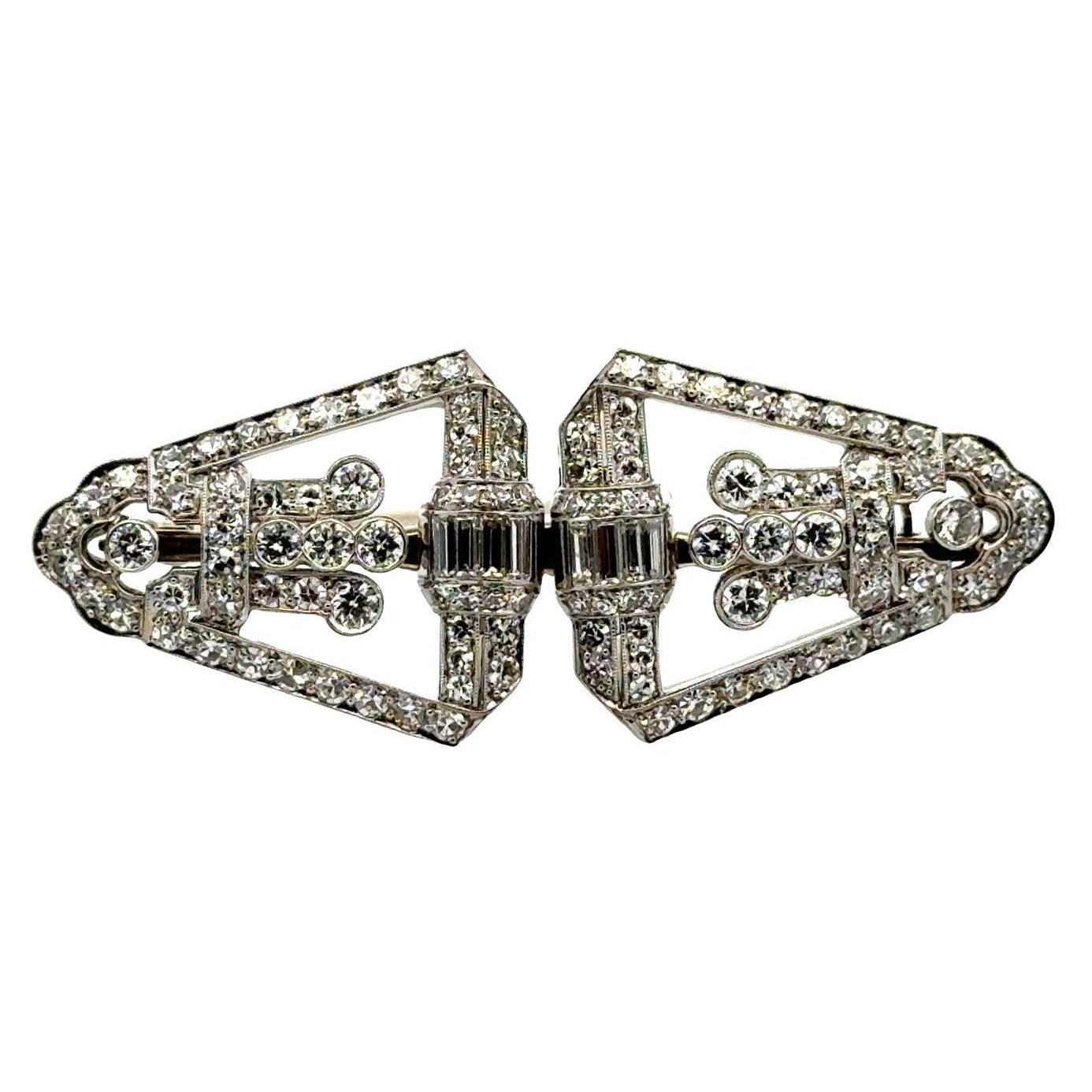 Art Deco Diamond 18 Karat White Gold Clips Brooch