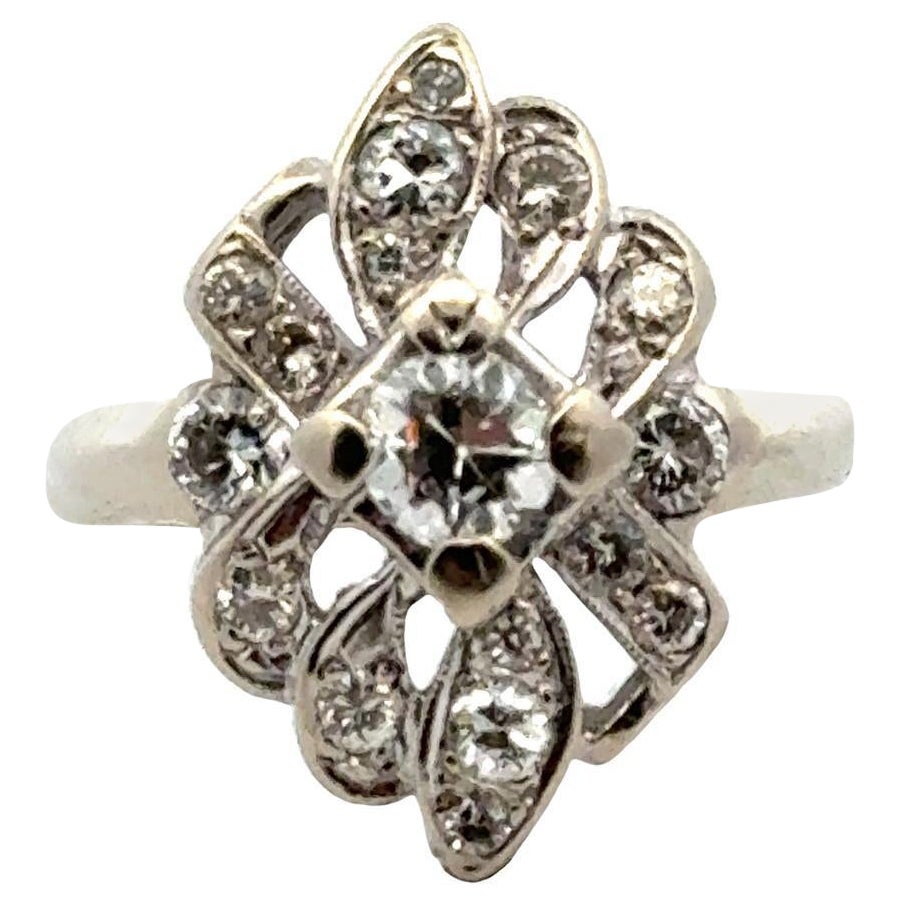1950's Diamond 14 Karat White Gold Elongated Estate Cocktail Ring For Sale