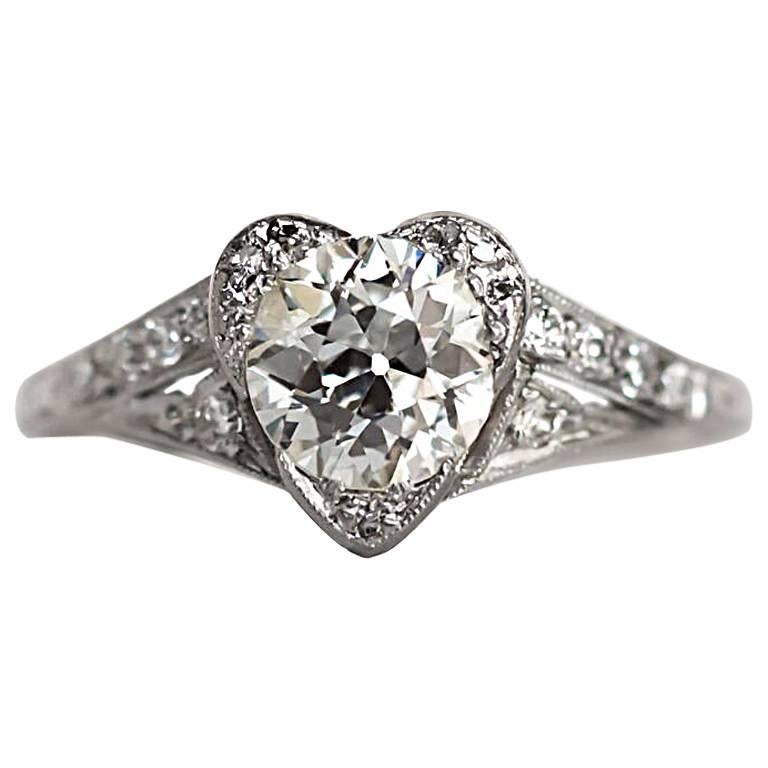 1920er Jahre Art Deco Platin Diamant GIA zertifiziert Herz geformt Verlobungsring