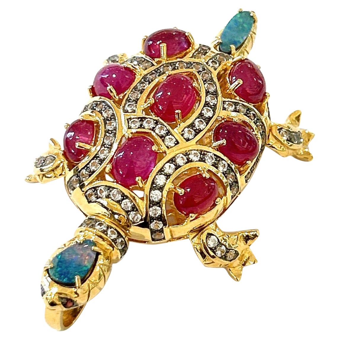 Broche rétro Bochic Orient multi rubis, topaze et opale sertie en or et argent 18 carats 