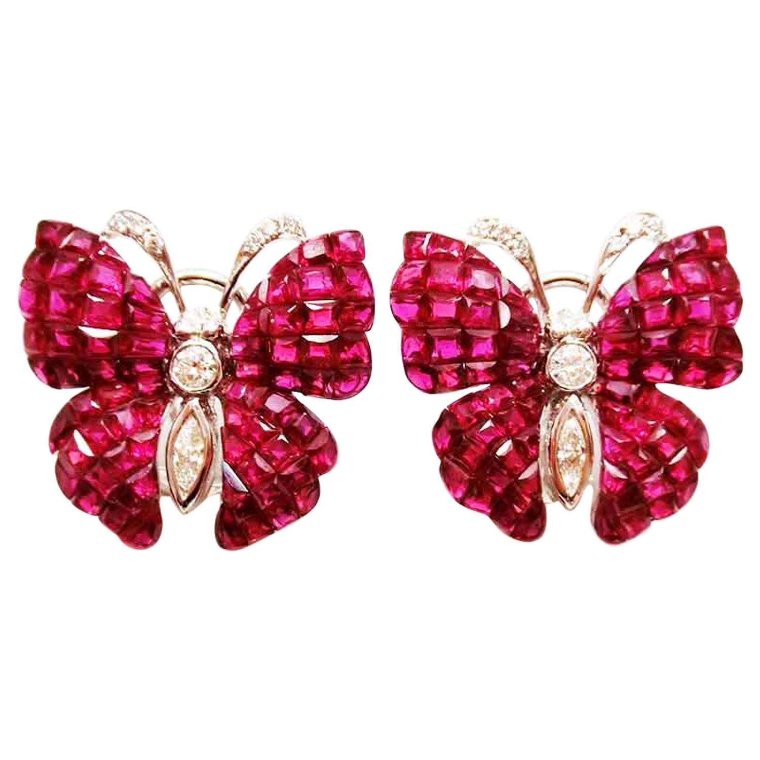 Invisible Ruby butterfly earrings with diamond For Sale at 1stdibs