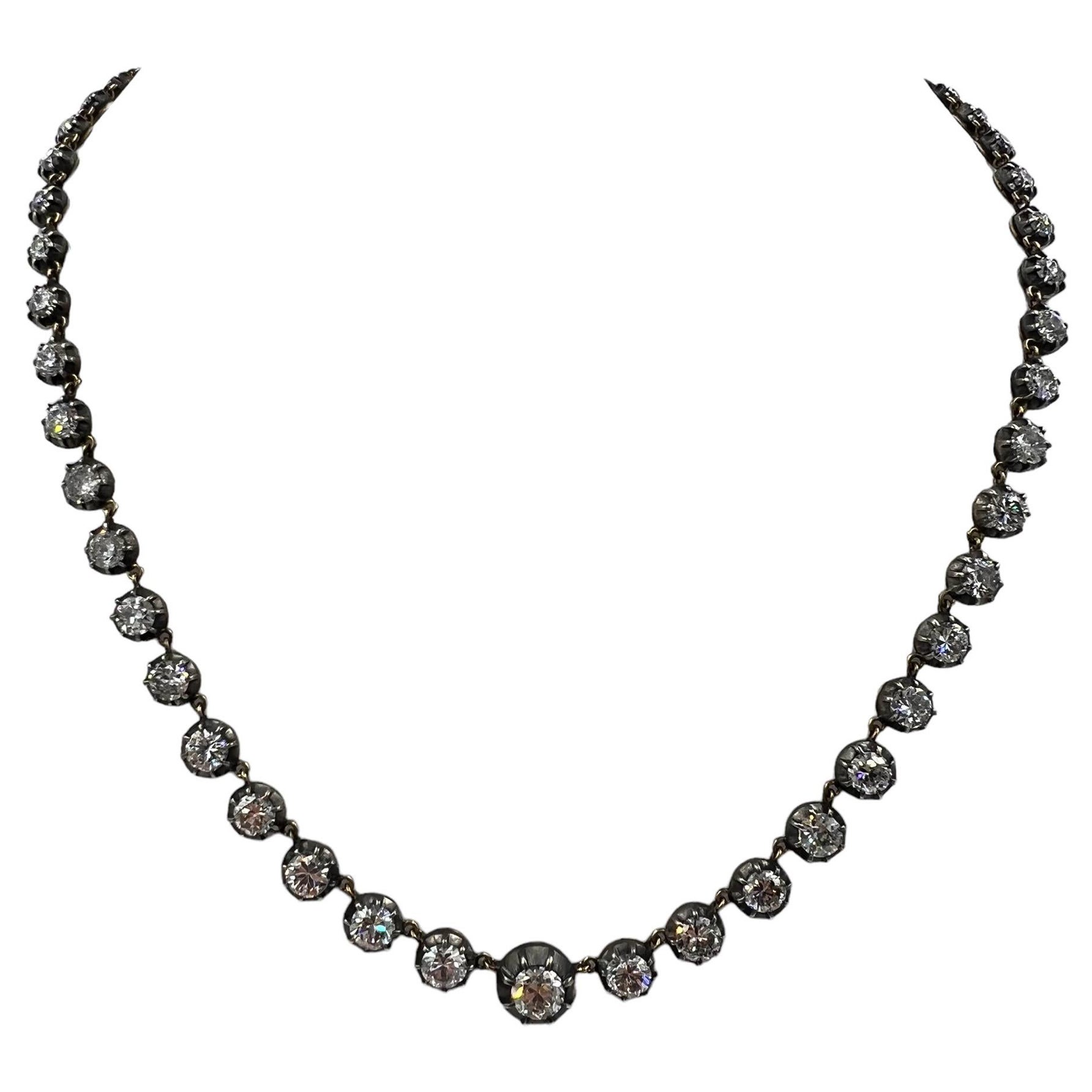 Old Cut Diamond Riviera Gold Silver Necklace For Sale