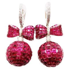 Ruby Diamond Gold Ribbon Ball Drop Earrings 11