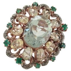 Vintage Luise Green Amethyst Topaz Diamond Silver Gold Ring