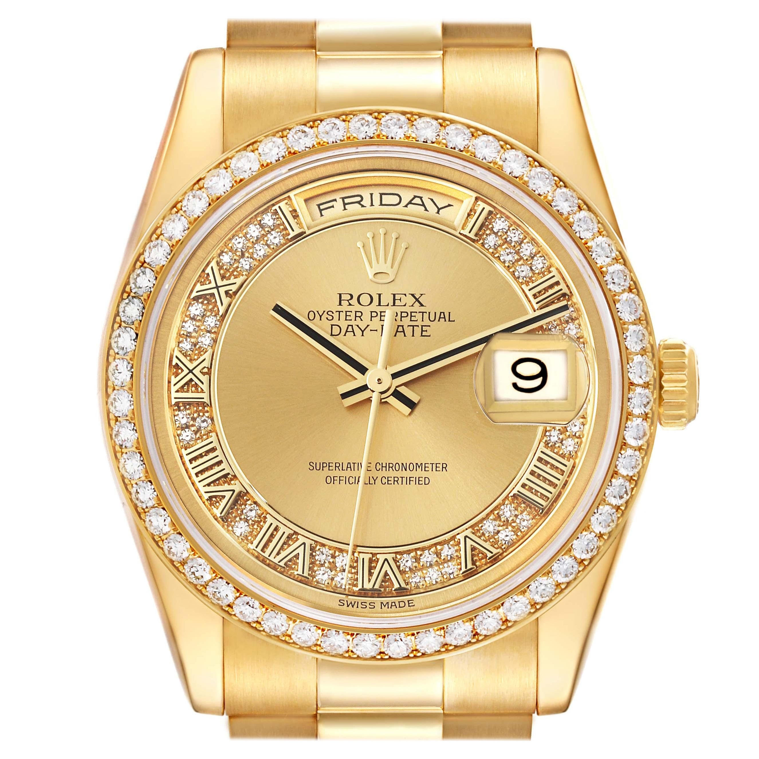 Rolex Day Date President Yellow Gold Myriad Diamond Dial Bezel Watch 118348