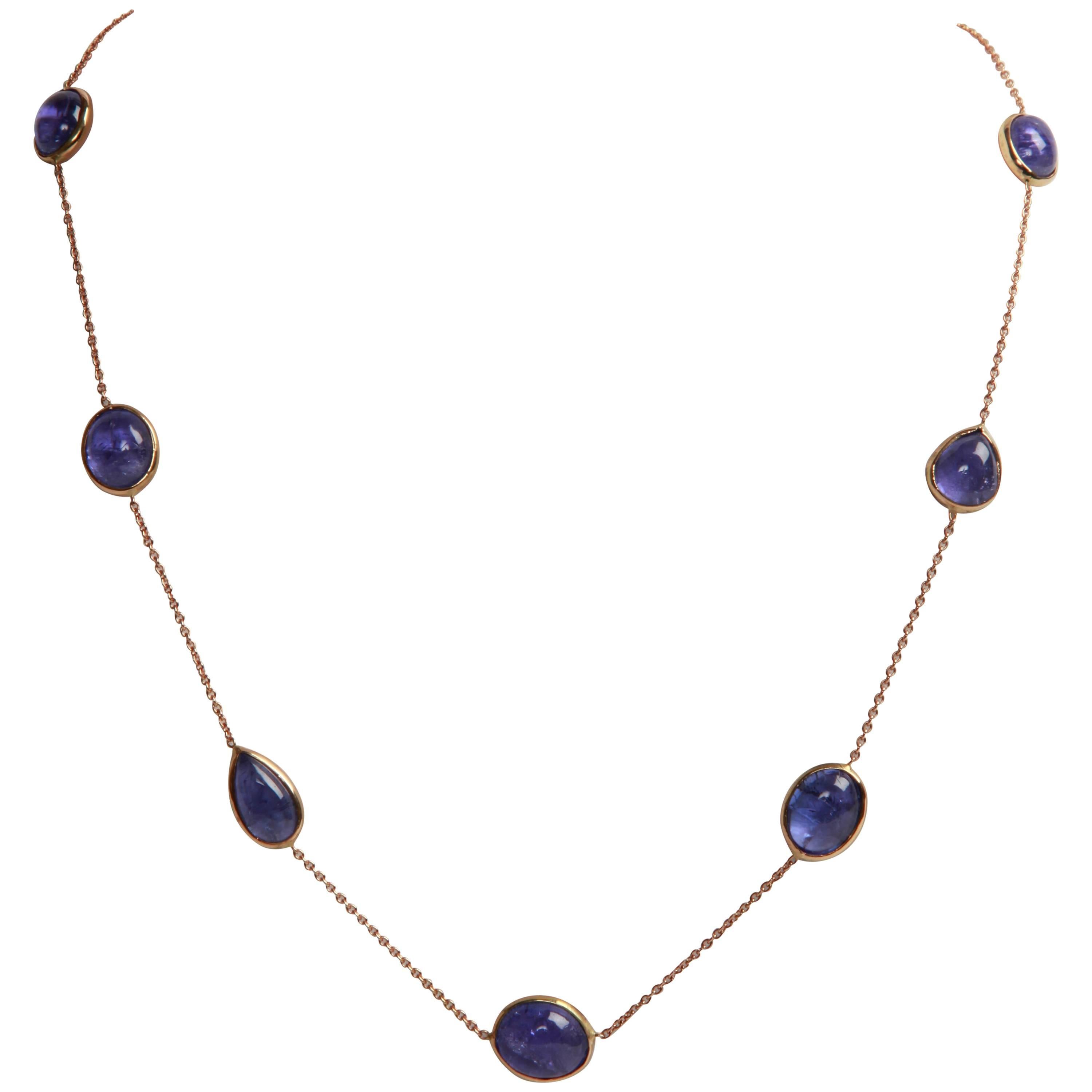  Tanzanite Cabochons and Gold Necklace by Marion Jeantet
