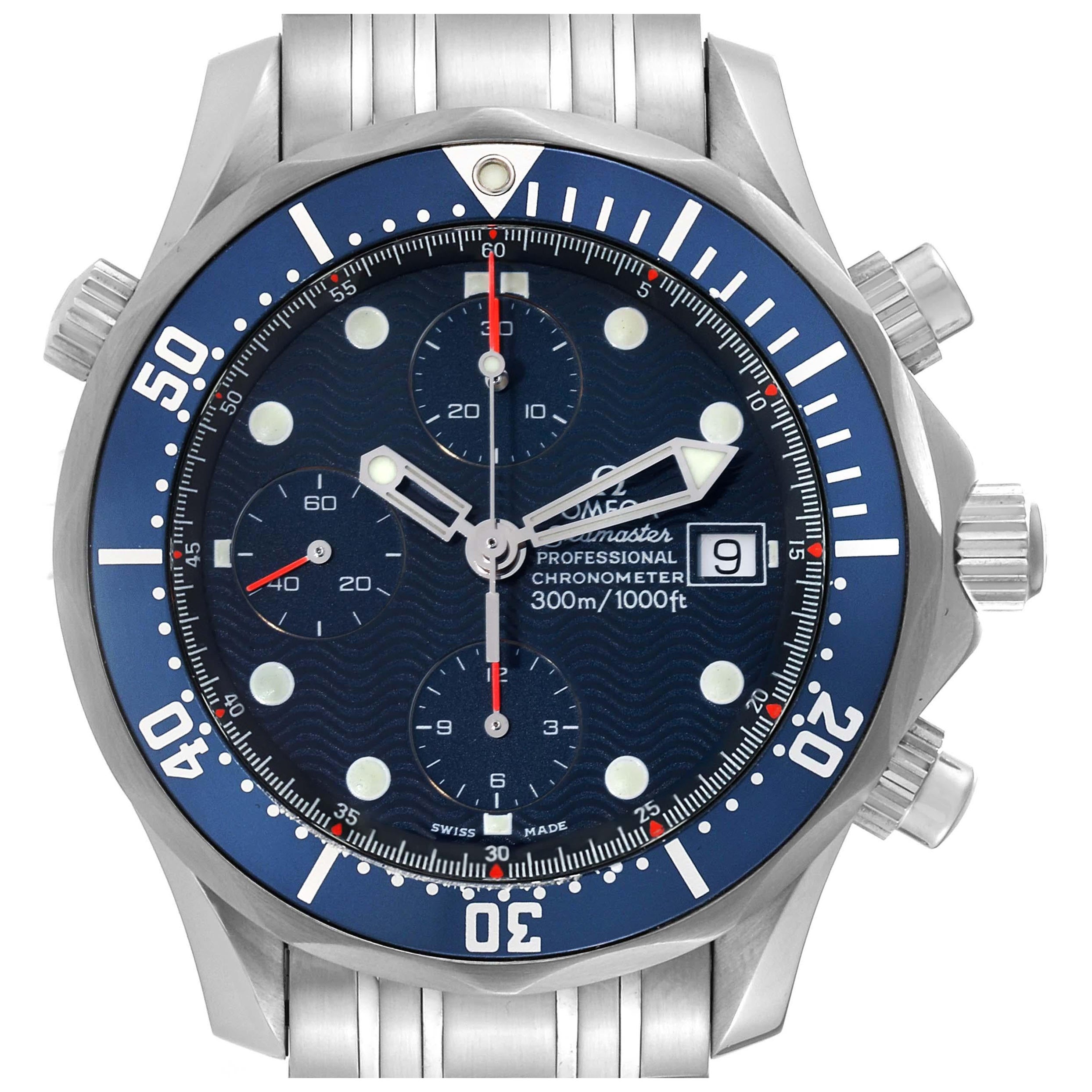 Omega Seamaster Blue Dial Chronograph Steel Mens Watch 2599.80.00 Card For Sale