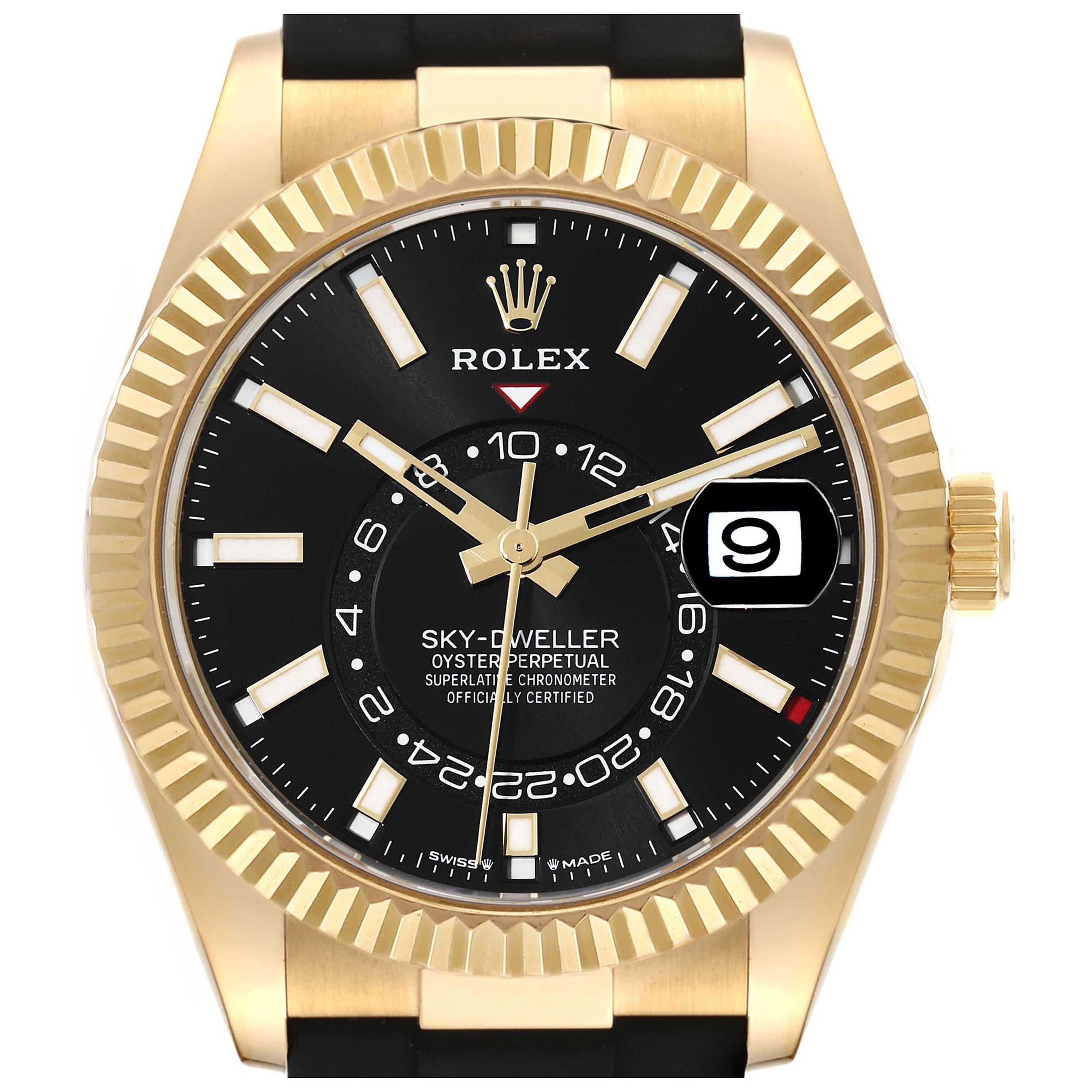 Rolex Sky-Dweller Yellow Gold Black Dial Oysterflex Mens Watch 336238 Box Card