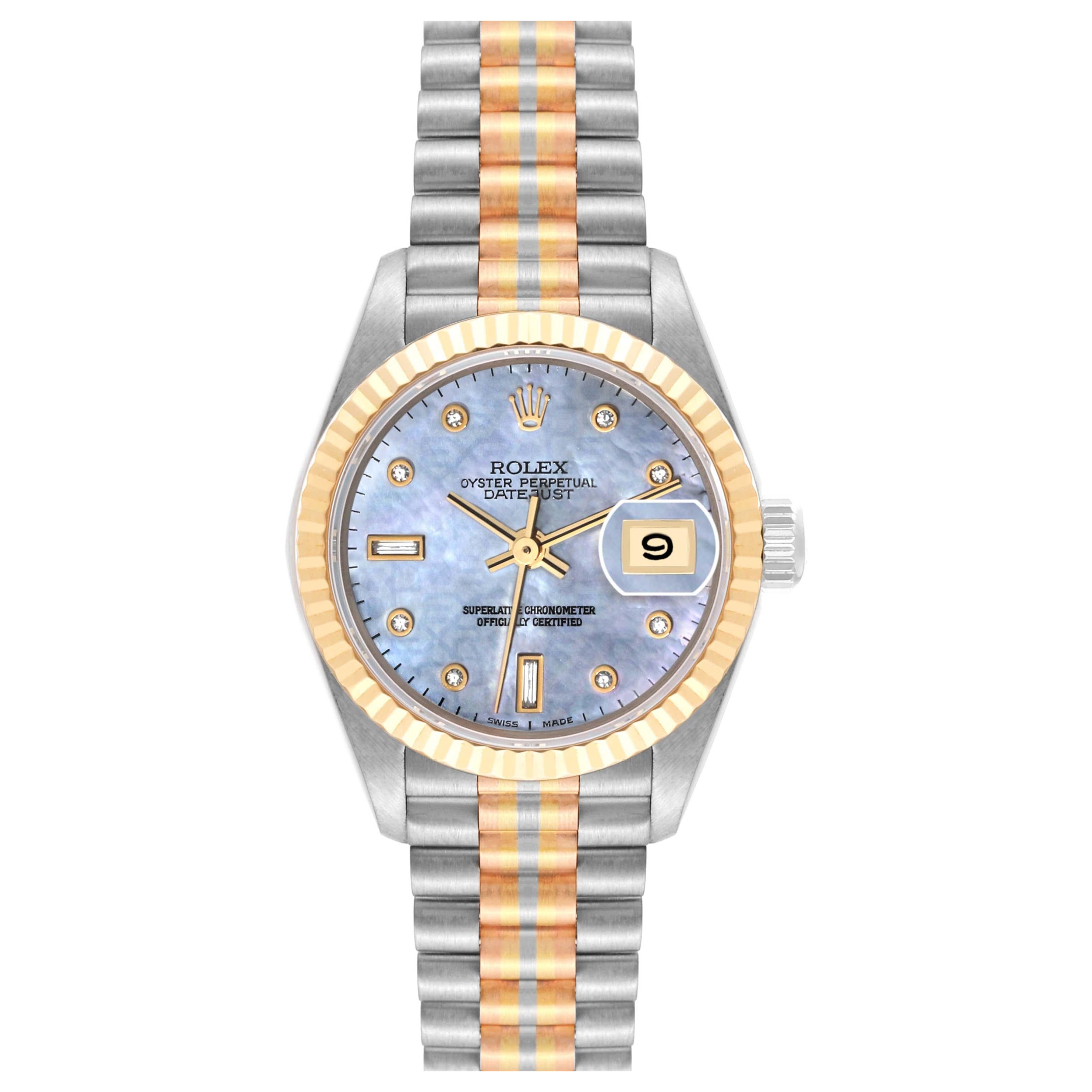 Rolex President Tridor Montre pour femme en or blanc, jaune, rose et diamants MOP 69179 en vente