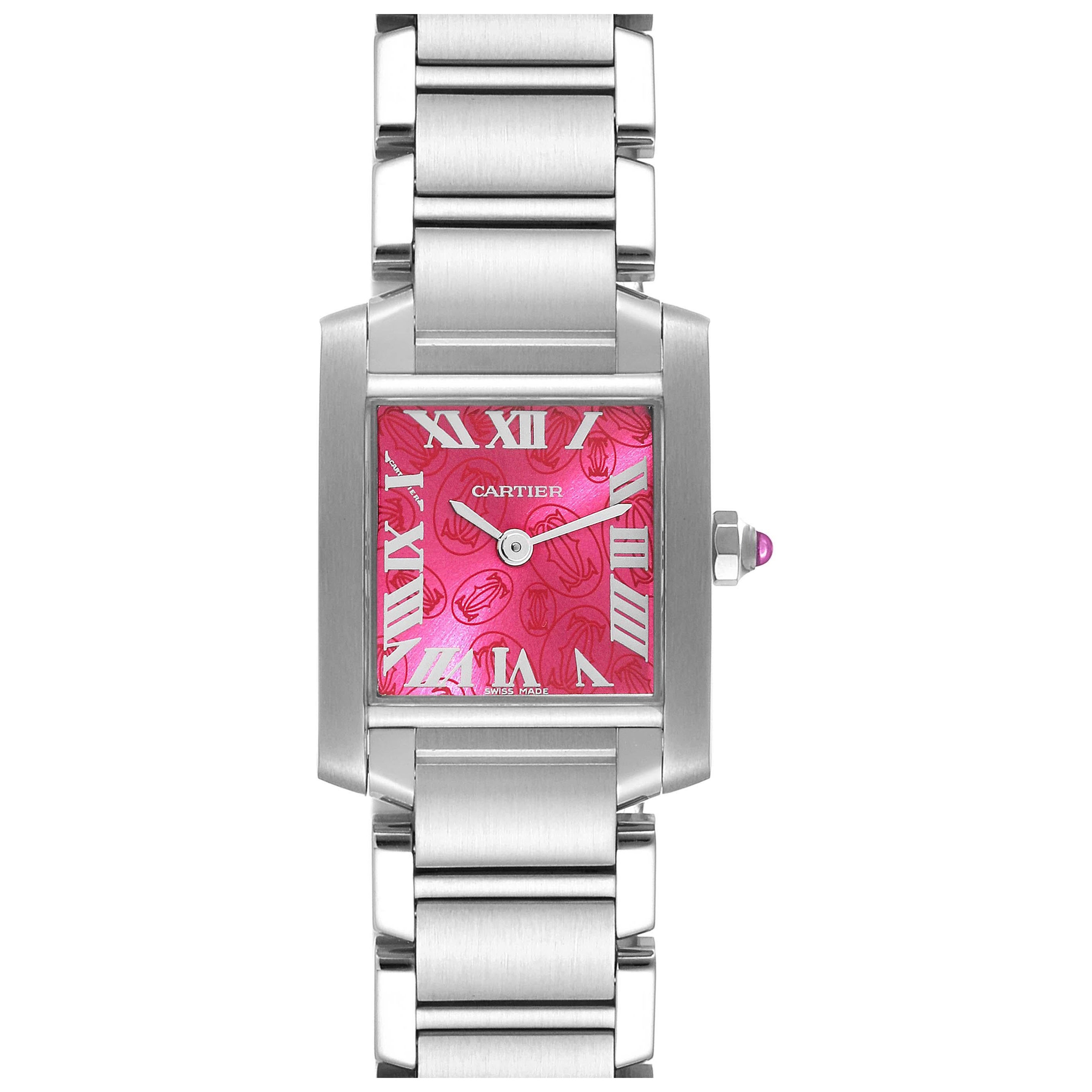 Cartier: Edelstahl-Damenuhr W51030Q3, Tank Francaise, Himbeer-Zifferblatt LE im Angebot