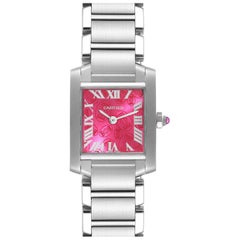 Cartier: Edelstahl-Damenuhr W51030Q3, Tank Francaise, Himbeer-Zifferblatt LE