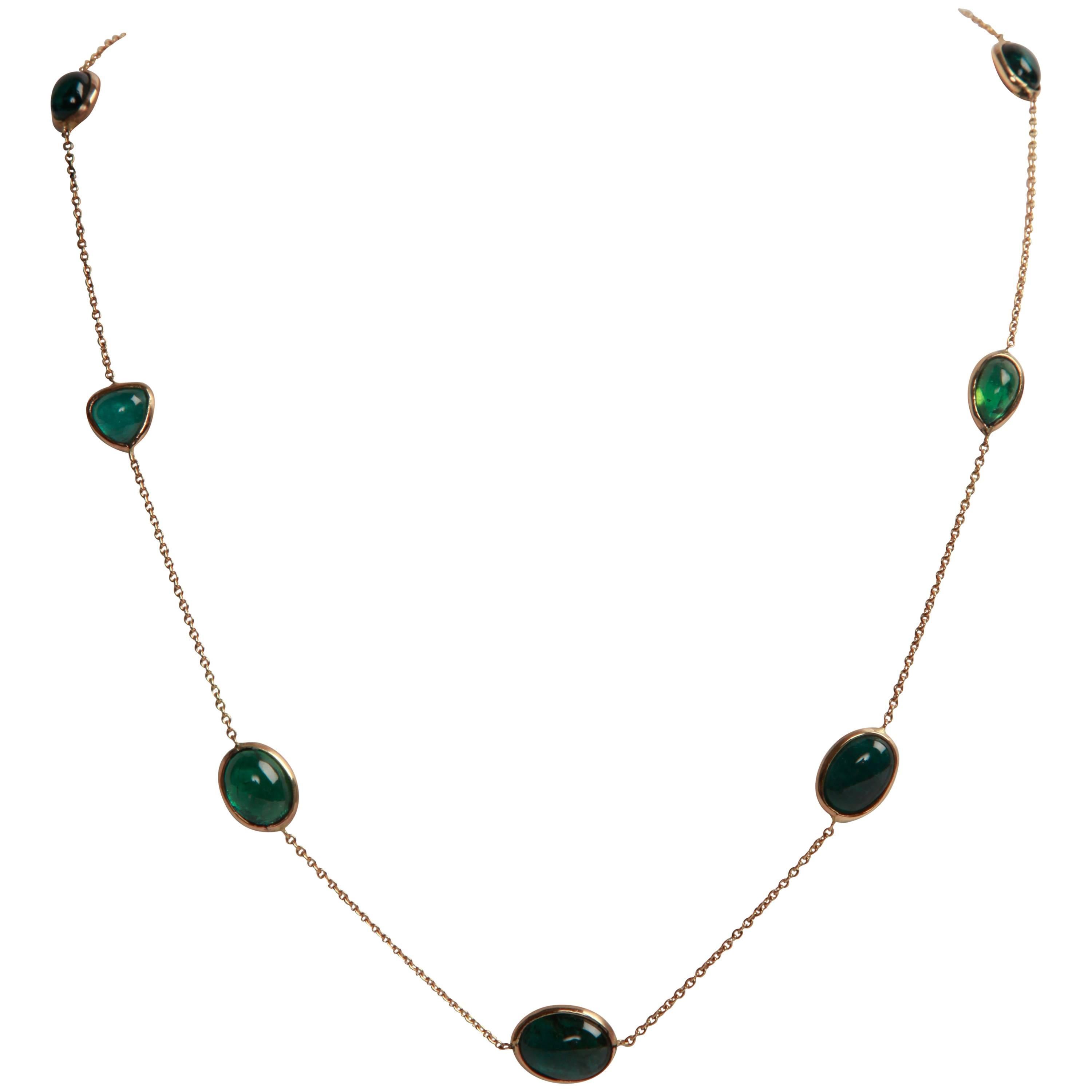 Green Tourmaline Cabochons and Yellow Gold Necklace by Marion Jeantet