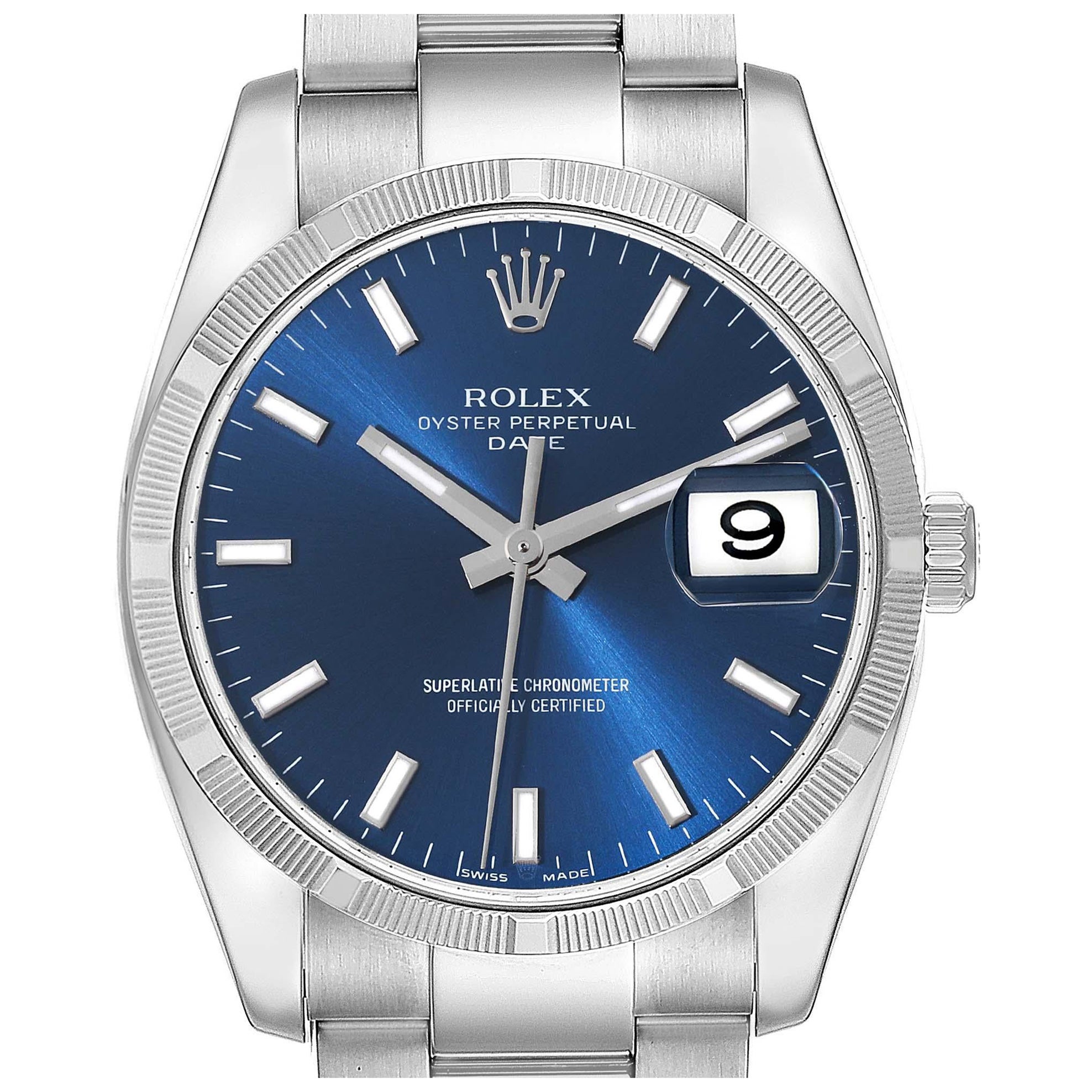 Rolex Date Steel Blue Dial Oyster Bracelet Automatic Mens Watch 115210