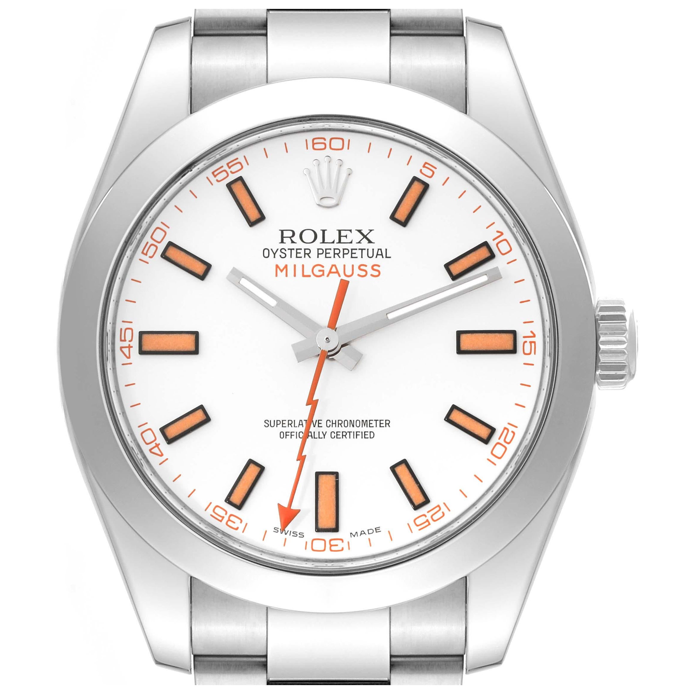Rolex Milgauss White Dial Orange Markers Steel Mens Watch 116400 en vente