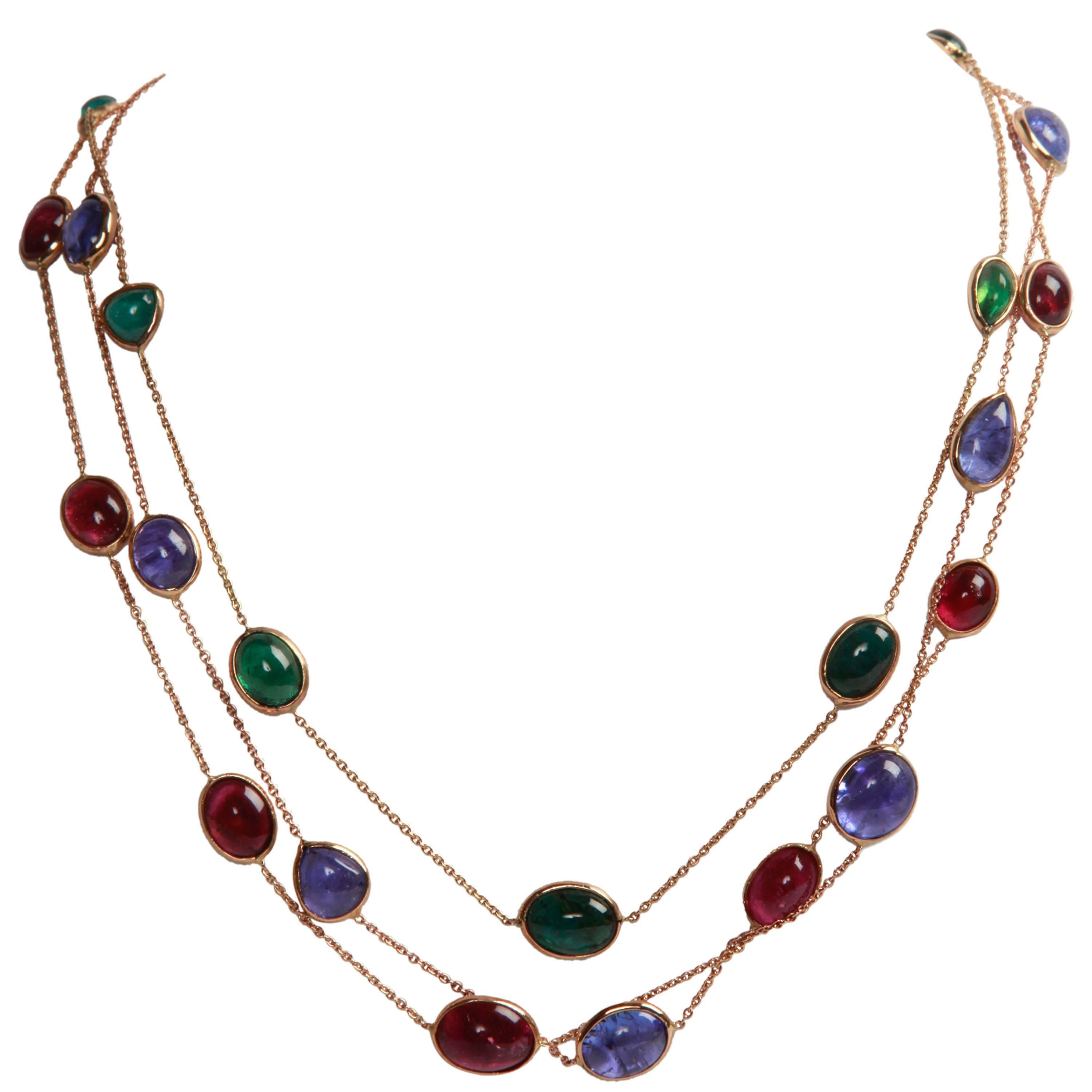 18 K Yellow Gold Necklaces with Tourmalines and Tanzanite Cabochons