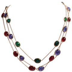 Three Two Color Gold Necklaces with Tourmaline Tanzanite Cabochons