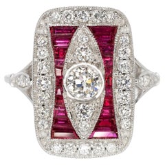 Art Deco Style Rubies Old Mine Cut Diamond Cocktail Ring