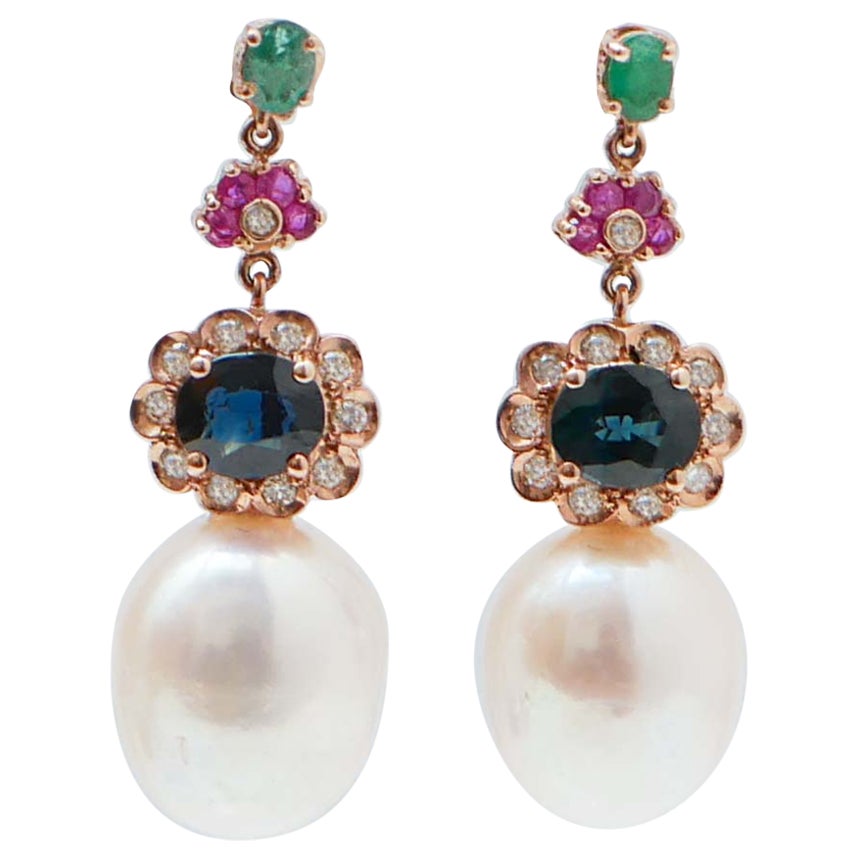 Pearls, Rubies, Sapphires, Emeralds, Diamonds, 14 Karat Rose Gold Earrings. For Sale