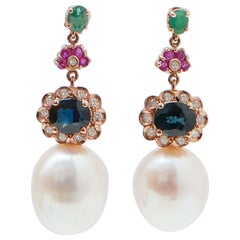 Retro Pearls, Rubies, Sapphires, Emeralds, Diamonds, 14 Karat Rose Gold Earrings.