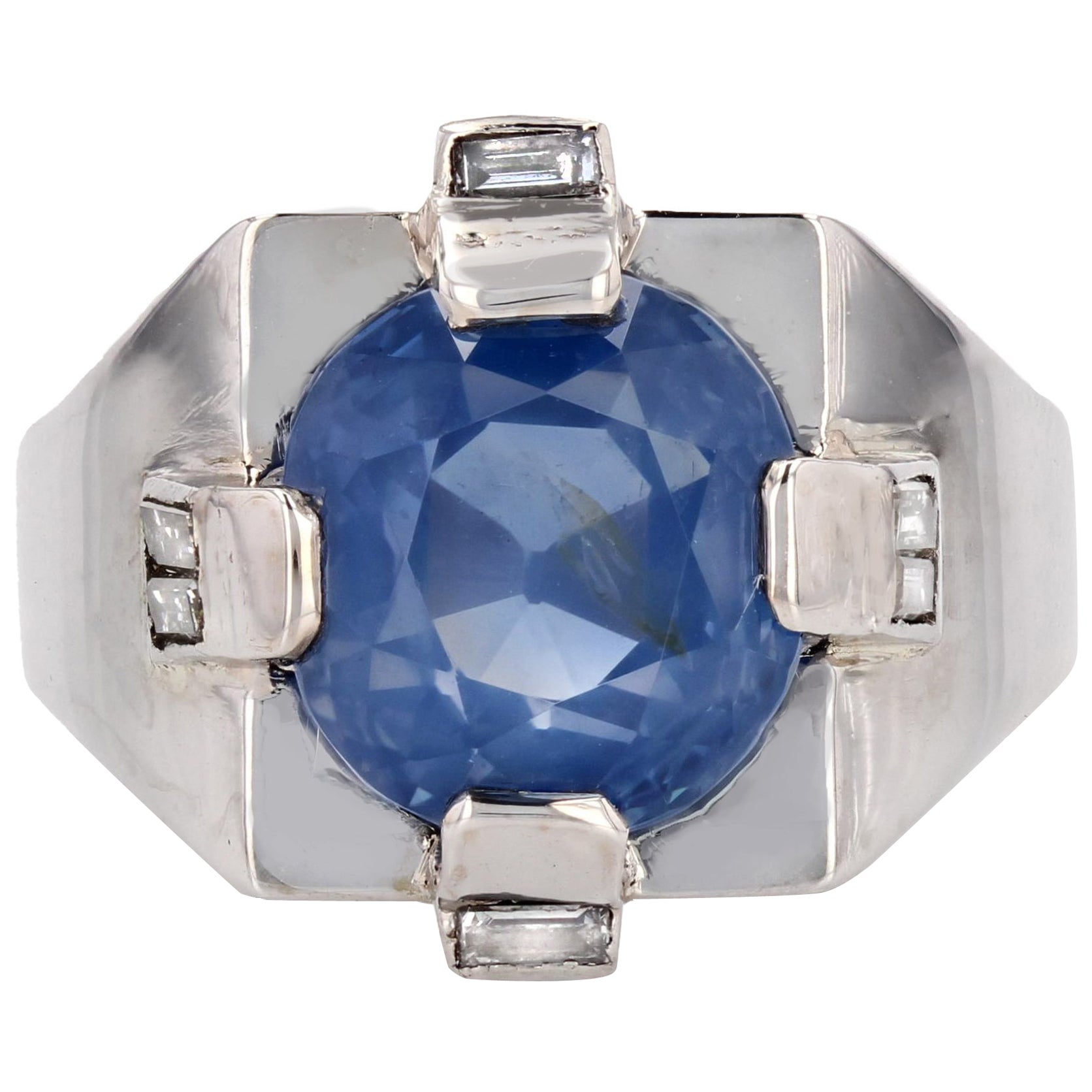 1930s Natural 9.36 Carat Ceylon Sapphire Diamond Art Deco Signet Ring For Sale