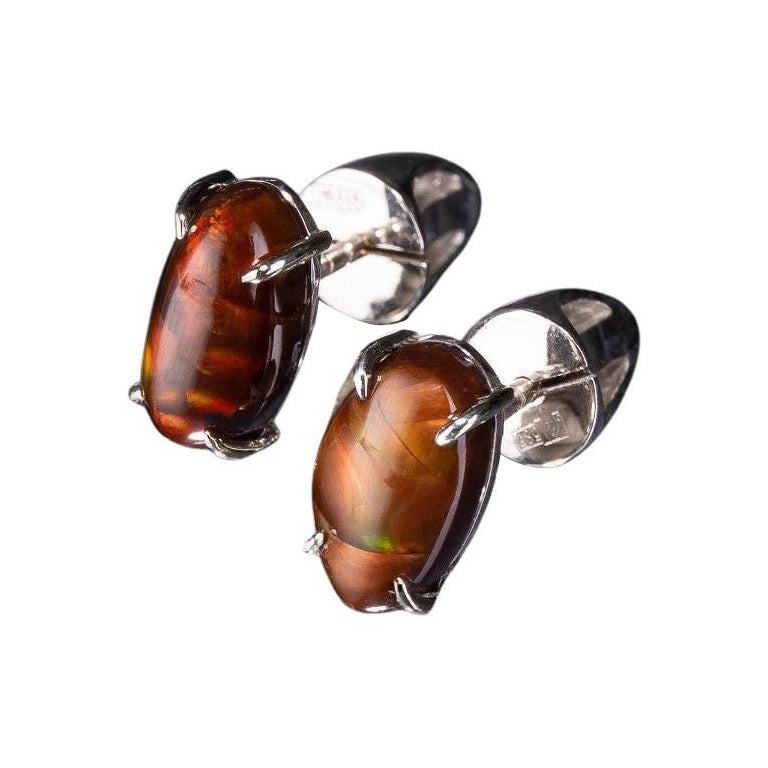 Boucles d'oreilles or blanc Agate de feu Boucles d'oreilles unisexe cadeau ami  en vente