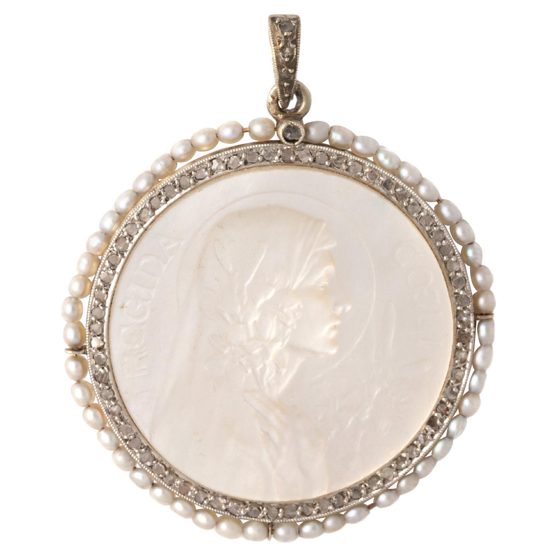 Regina Caeli Mother-of-Pearl Diamond and Pearl White Gold Pendant