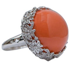 Vintage Big Coral, Diamonds, 18 Karat White Gold Ring.