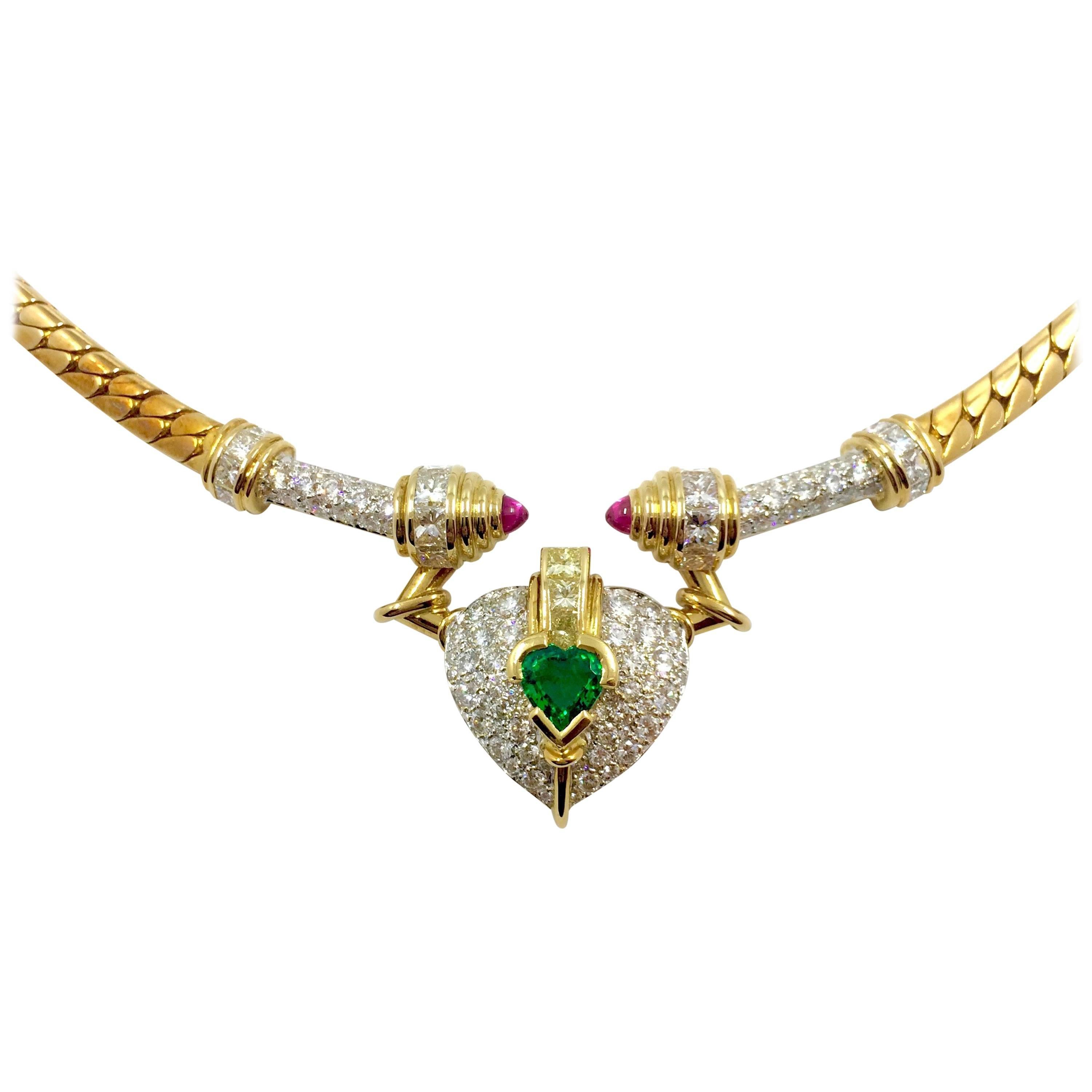 G. Minner Heart Shaped Emerald Pink Sapphire Diamond Gold Necklace For Sale