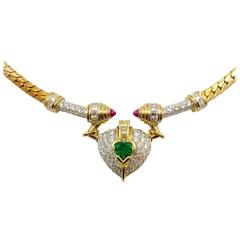 G. Minner Heart Shaped Emerald Pink Sapphire Diamond Gold Necklace
