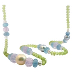Südsee-Tahiti-Perle Aquamarin Lavendel Quarz Peridot Gold Halskette