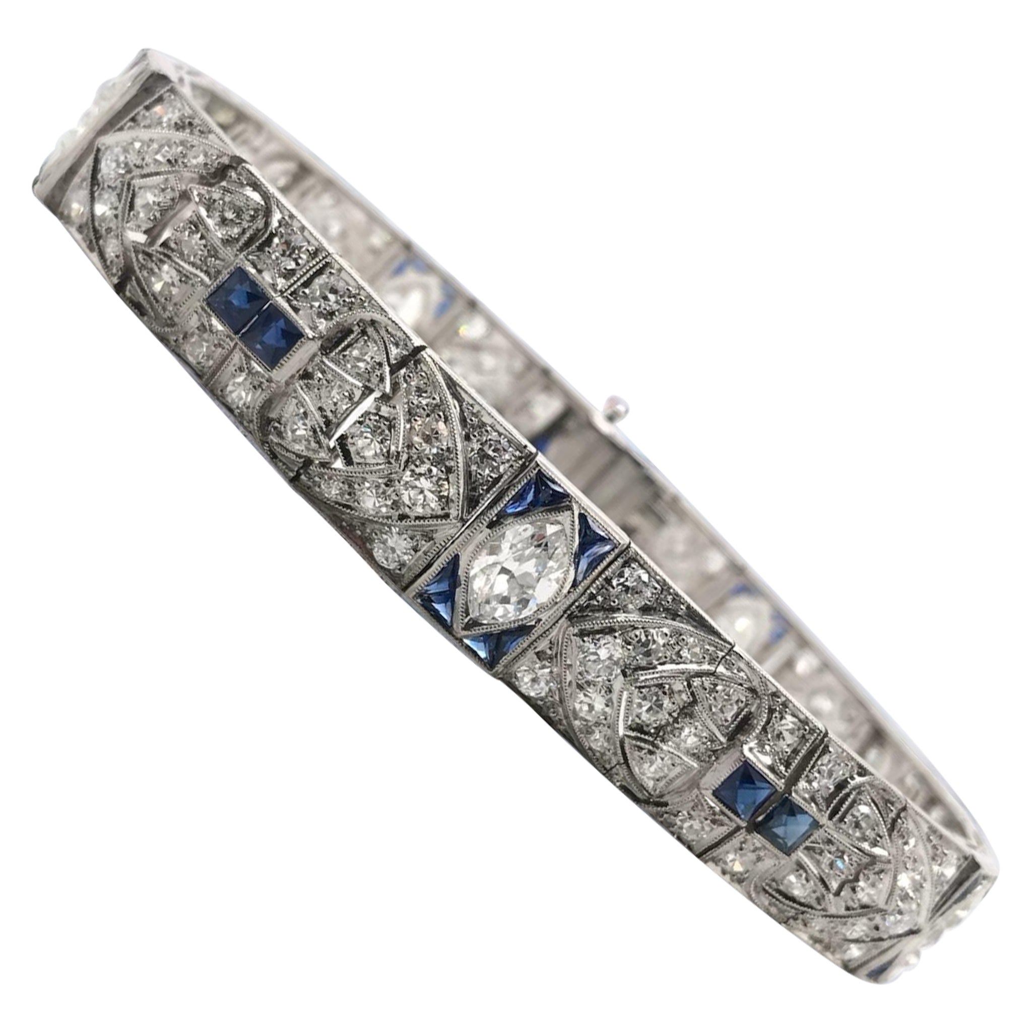 Art Deco Platinum Diamond & Sapphire Bracelet 5.5 Carats For Sale