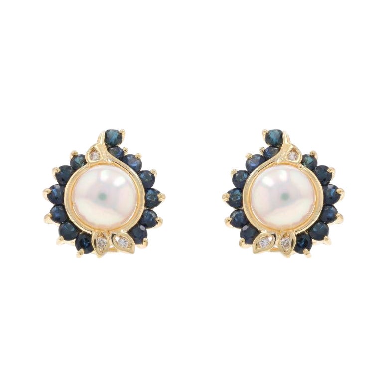 Yellow Gold Cultured Pearl Sapphire Diamond Large Halo Stud Earrings 14k 2.66ctw For Sale