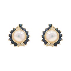 Boucles d'oreilles en or jaune perle de culture saphir diamant halo 14k 2.66ctw