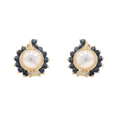 Yellow Gold Cultured Pearl Sapphire Diamond Large Halo Stud Earrings 14k 2.66ctw